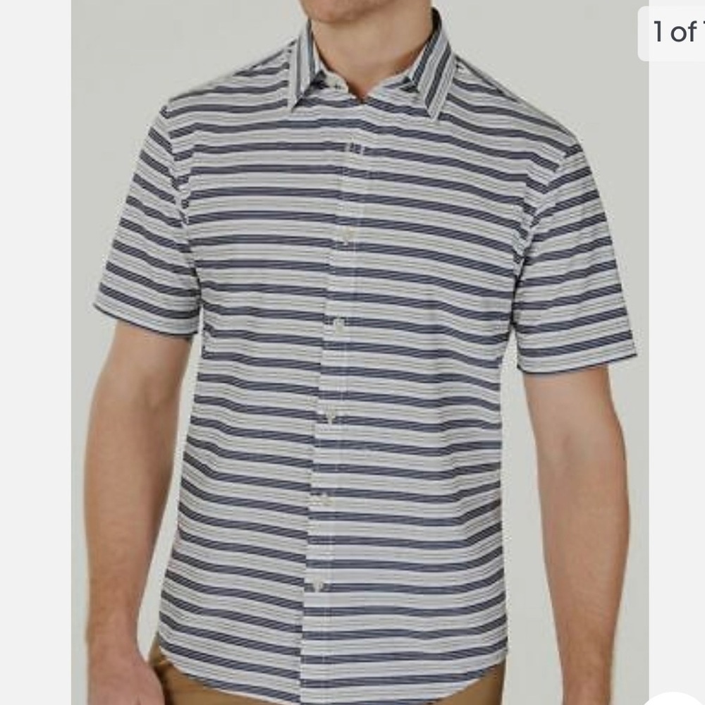 Michael Kors Men Slim-Fit Stretch White Blue Stripe Short-Sleeve MK Shirt